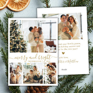 Merry and Bright Gold Script 4 Photo Christmas Holiday Card