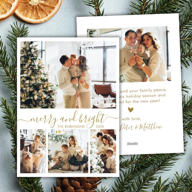 Merry and Bright Gold Script 4 Photo Christmas Holiday Card (Creator Uploaded)