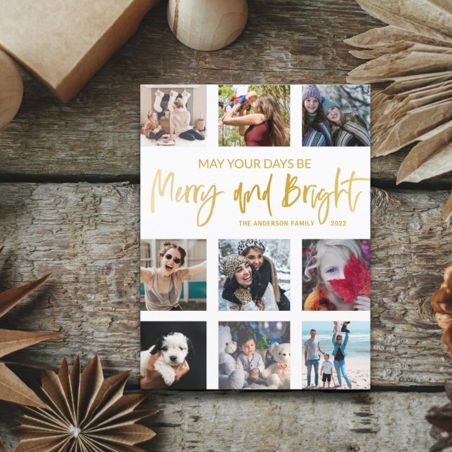 Merry and Bright Gold Script Photo Collage  Postcard (Creator Uploaded)