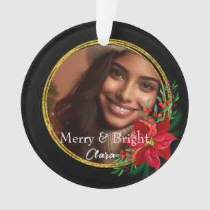Merry and Bright Golden Christmas Wreath Photo Ornament