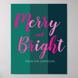 Merry and Bright Green and Pink Christmas Poster