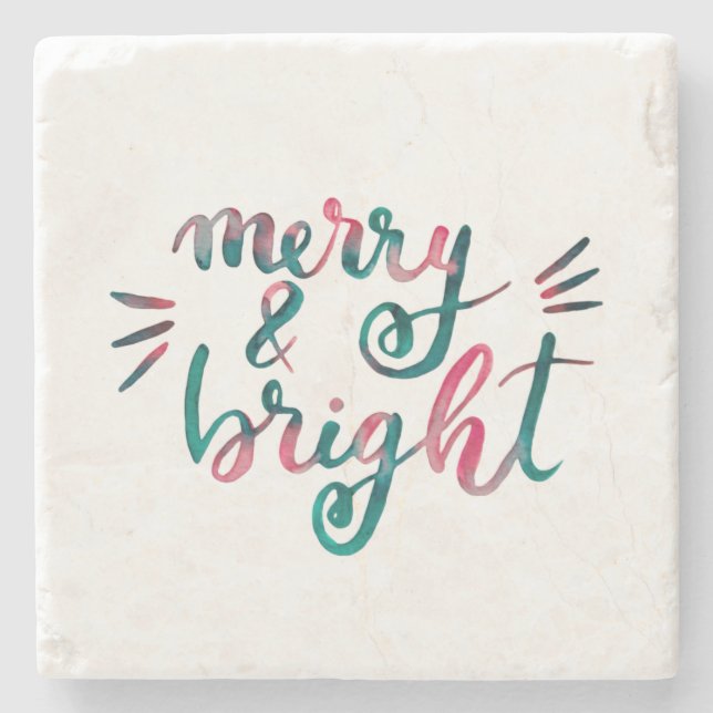 Merry and bright - green and pink stone coaster (Front)