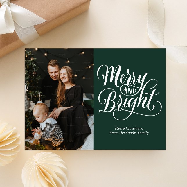 Merry and Bright Green Calligraphy Modern Photo Holiday Card (Creator Uploaded)