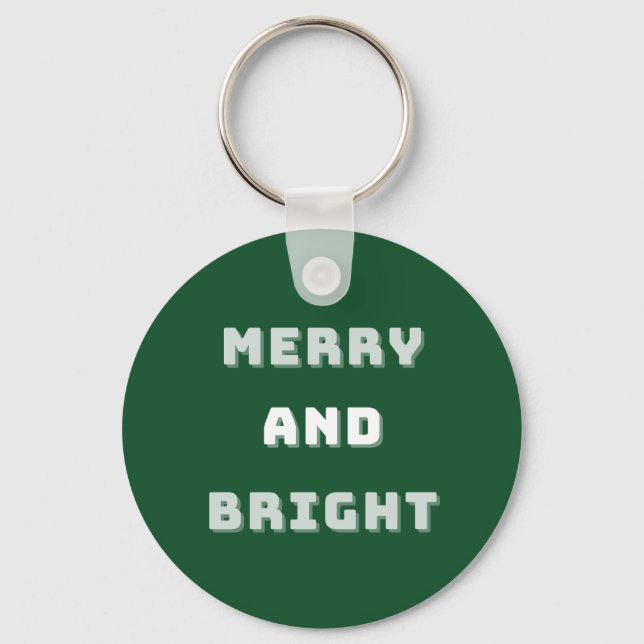 Merry and Bright, Green Christmas Art, Holiday Key Ring (Front)