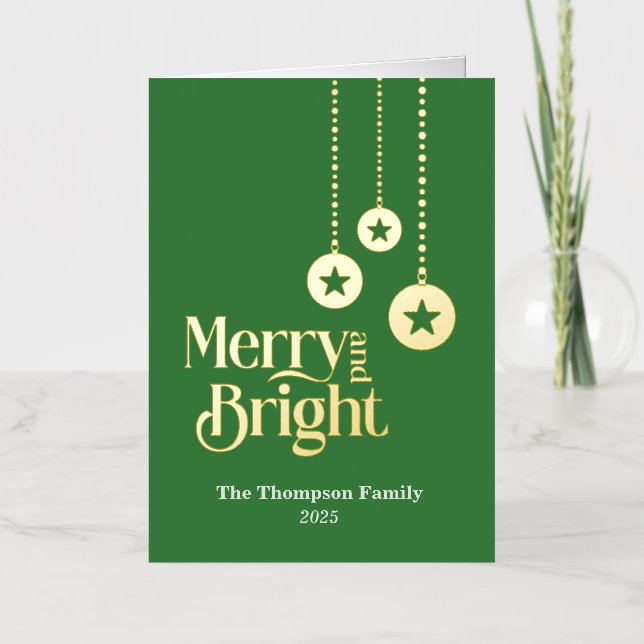 "Merry and Bright" Green Folded Foil Holiday Card (Front)