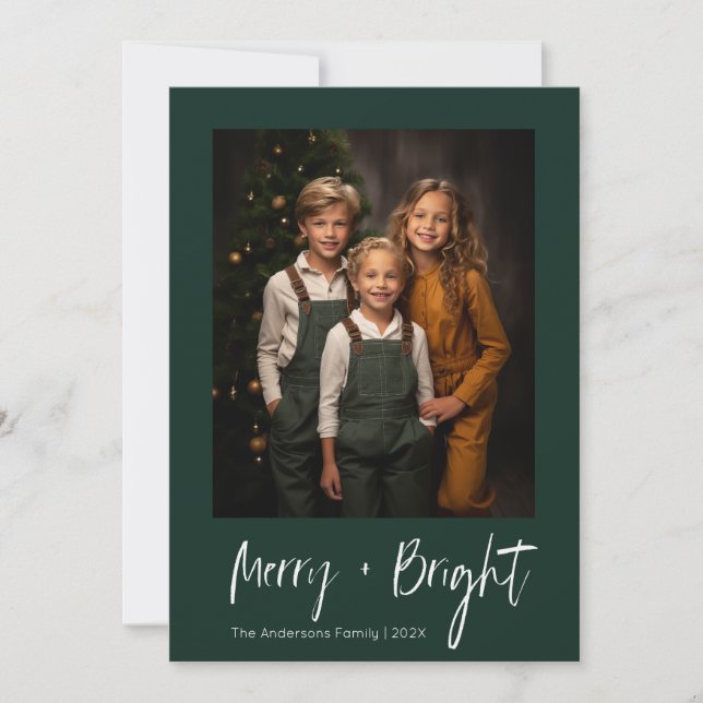 Merry and bright, green minimal christmas photo holiday card (Front)
