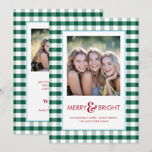 Merry and Bright Green Plaid Funny Holiday Card