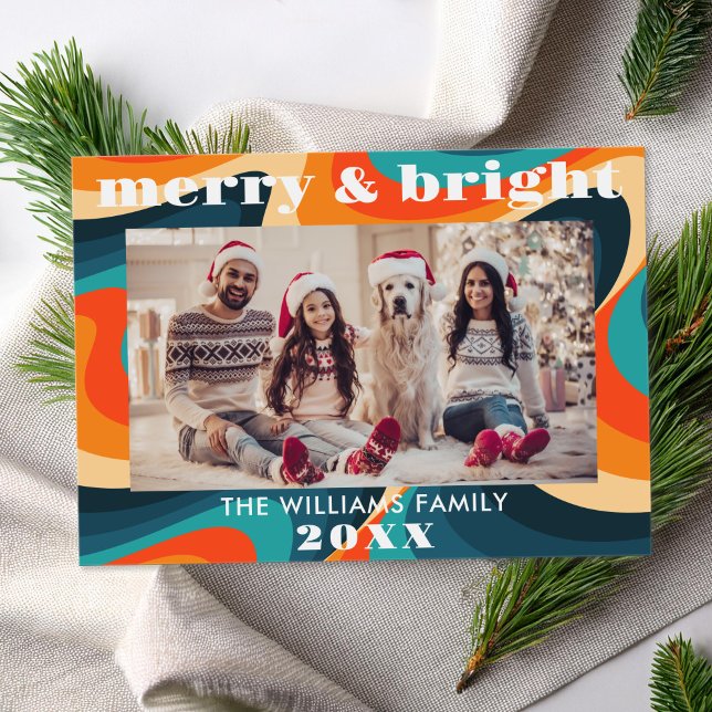 Merry and Bright Groovy Retro Photo  Holiday Card (Creator Uploaded)