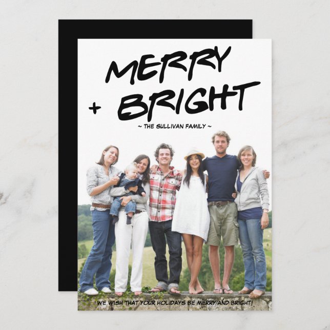 Merry and Bright Hand Brushed Typography Photo Holiday Card (Front/Back)