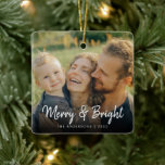 Merry and Bright | Happy Family Christmas Photo Ceramic Ornament<br><div class="desc">A modern and elegant casual merry and bright ornament featuring a happy lovely photo of your family,  a casual script calligraphy font of "Merry and bright" with your family name underneath. Placement photo is from Nataliya Vetkevich from Pexels. Kindly replace it with your own.</div>