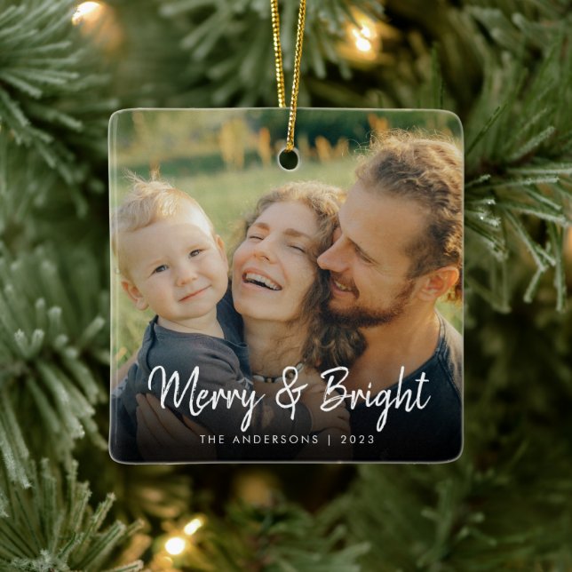Merry and Bright | Happy Family Christmas Photo Ceramic Ornament (Tree)