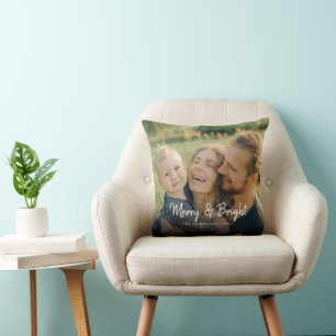 Merry and Bright   Happy Family Christmas Photo Cushion