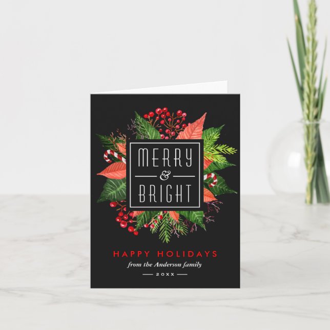 Merry and Bright Happy Holidays Christmas Flowers Holiday Card (Front)