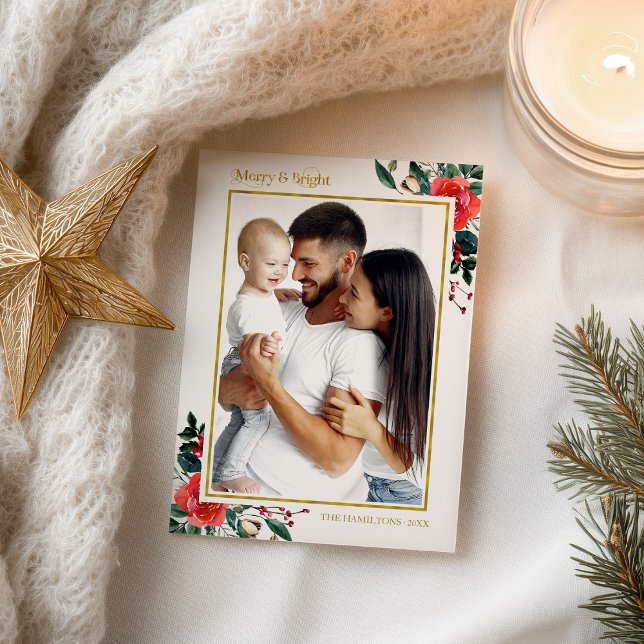 Merry And Bright Holiday Christmas Floral Photo Postcard (Creator Uploaded)