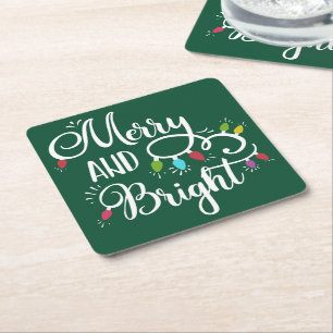 merry and bright holiday lights square paper coaster