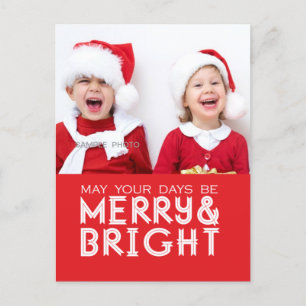 MERRY AND BRIGHT HOLIDAY PHOTO POSTCARD RED