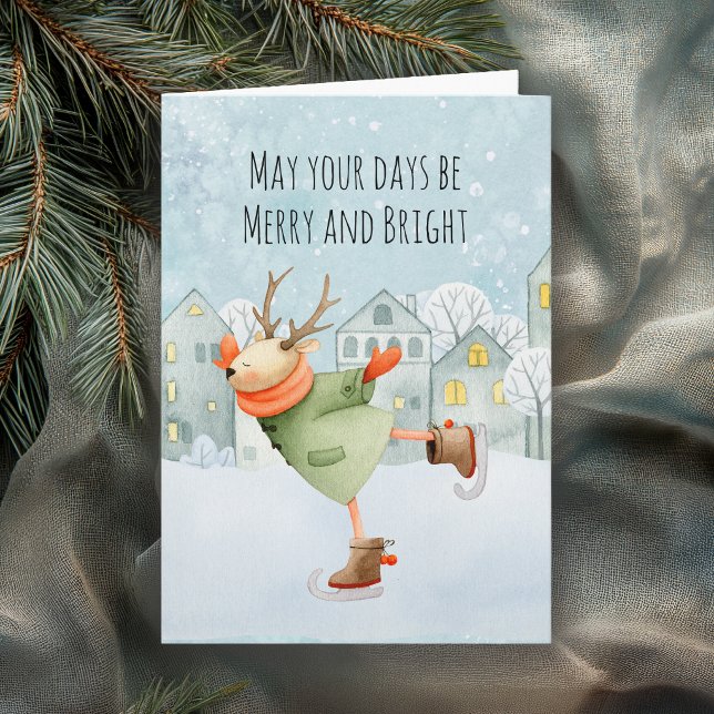 Merry and Bright Holiday Skating Deer Card (Creator Uploaded)