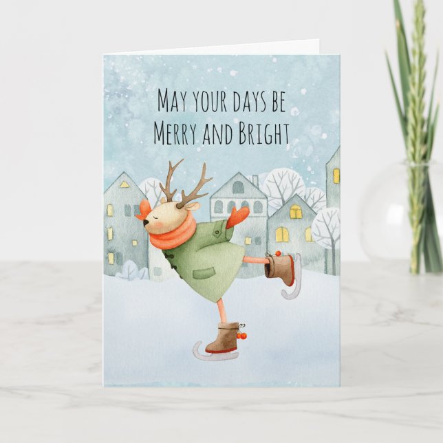 Merry and Bright Holiday Skating Deer Card (Front)