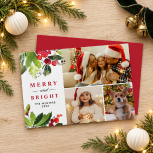 Merry and Bright Holly Photo Collage Holiday Card