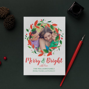 Merry and Bright   Holly Wreath Cheerful One Photo Holiday Card