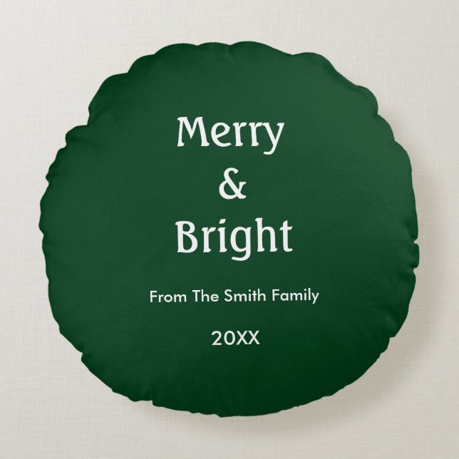 Merry And Bright Hunter Green Christmas Gift Decor Round Cushion (Front)