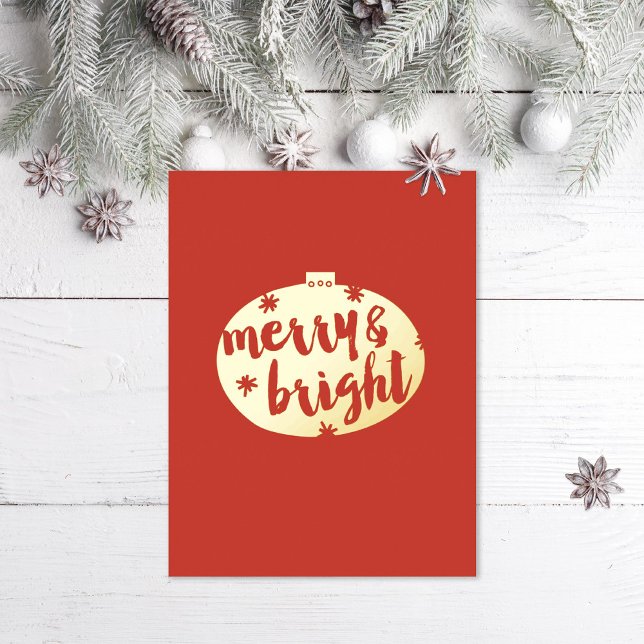 Merry and Bright Illustrated Ornament Foil Holiday Postcard (Creator Uploaded)