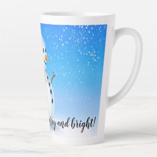 Merry and bright jolly snowman with blue sky latte mug