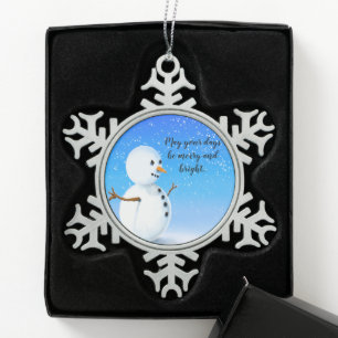 Merry and bright jolly snowman with crisp blue sky snowflake pewter christmas ornament