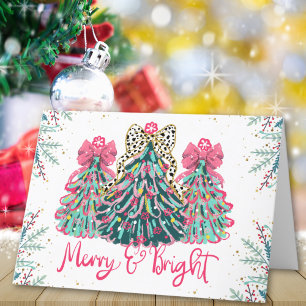 Merry and Bright Leopard Bow Christmas Tree Trio Holiday Card