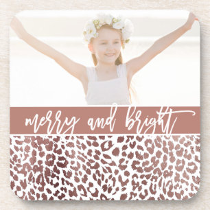 Merry and Bright Leopard Print Photo Holiday Coaster
