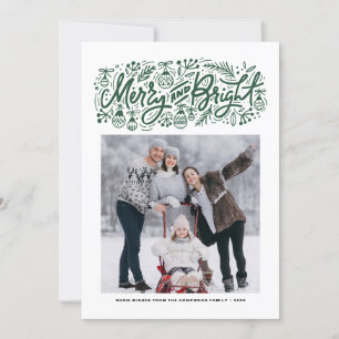 Merry and Bright Lettering Green Christmas Photo Holiday Card