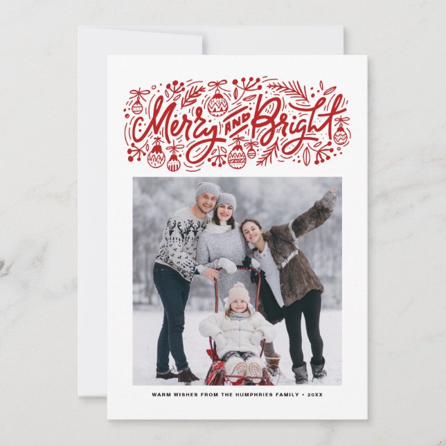 Merry and Bright Lettering Orange Christmas Photo Holiday Card (Front)