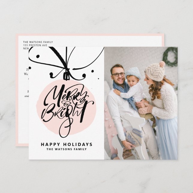 Merry and Bright Lettering Pink Ornament Photo Holiday Postcard (Front/Back)
