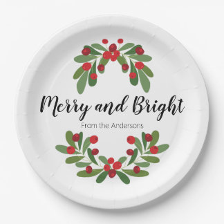 Merry and Bright Mistletoe Family Name Script Paper Plate