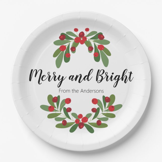 Merry and Bright Mistletoe Family Name Script Paper Plate (Front)