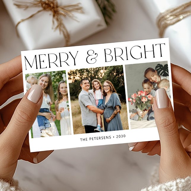 Merry and Bright modern 3 photos Christmas Holiday Card (Creator Uploaded)