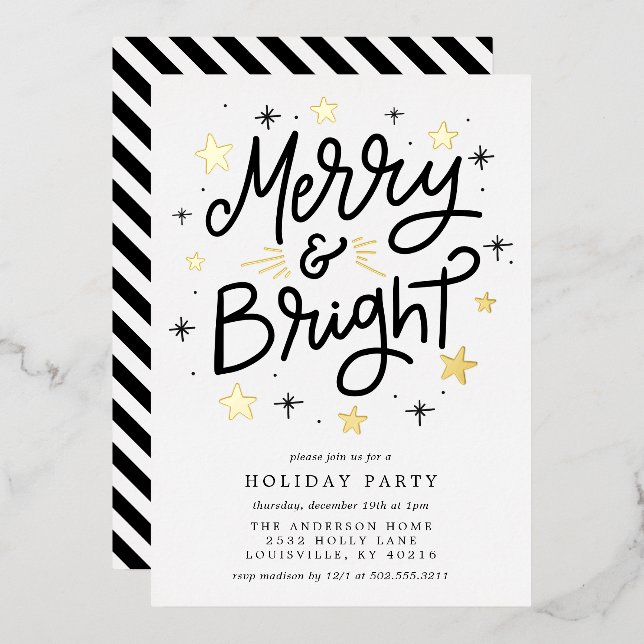 Merry And Bright Modern Black Gold Holiday Party F (Front/Back)