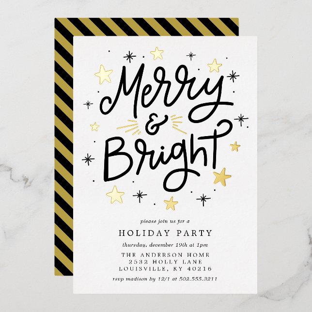 Merry And Bright Modern Black Gold Holiday Party F (Front/Back)