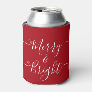 Merry And Bright Modern Caligraphy Red Christmas Can Cooler