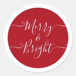Merry And Bright   Modern Caligraphy Red Christmas Classic Round Sticker