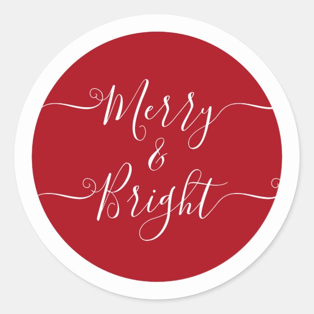 Merry And Bright | Modern Caligraphy Red Christmas Classic Round Sticker (Front)