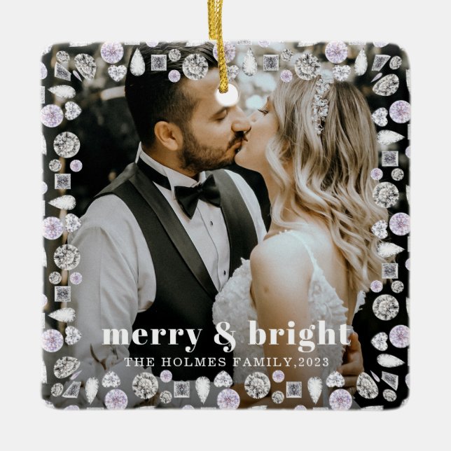 merry and bright modern christmas couple photo  ceramic ornament (Front)
