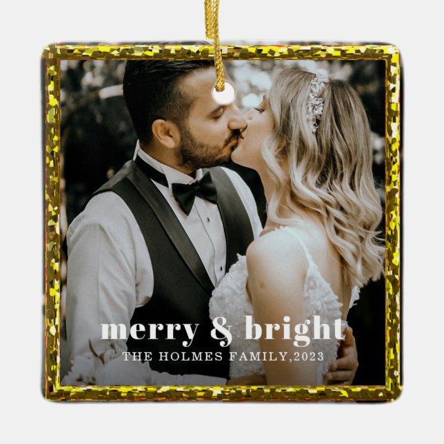 merry and bright modern christmas couple photo  ceramic ornament (Front)