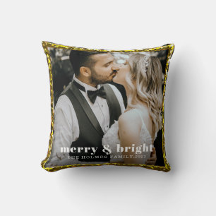merry and bright modern christmas couple photo cushion