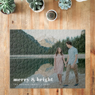 Merry and Bright   Modern Christmas Couple Photo Jigsaw Puzzle