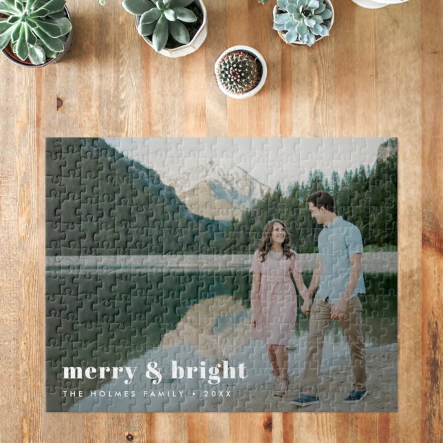 Merry and Bright | Modern Christmas Couple Photo Jigsaw Puzzle (Creator Uploaded)