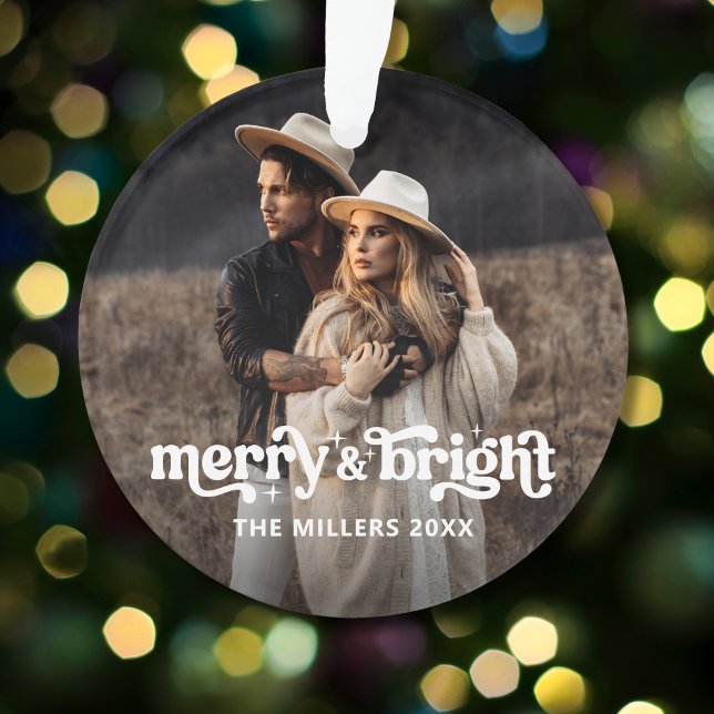 Merry and Bright Modern Christmas Couple Photo Ornament (Merry and Bright Couple Photo Ornament)