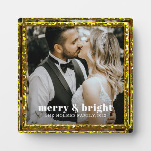 merry and bright modern christmas couple photo plaque