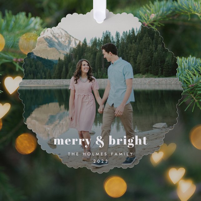 Merry and Bright | Modern Christmas Couple Photo Tree Decoration Card (Creator Uploaded)