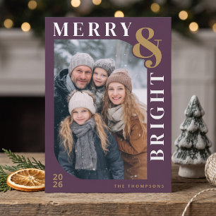 Merry and Bright Modern Christmas Photo - Purple Holiday Card